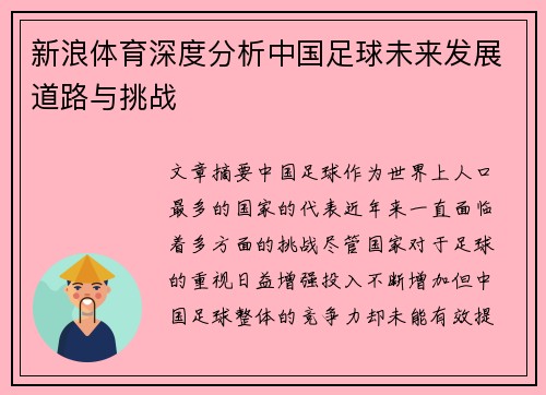 新浪体育深度分析中国足球未来发展道路与挑战